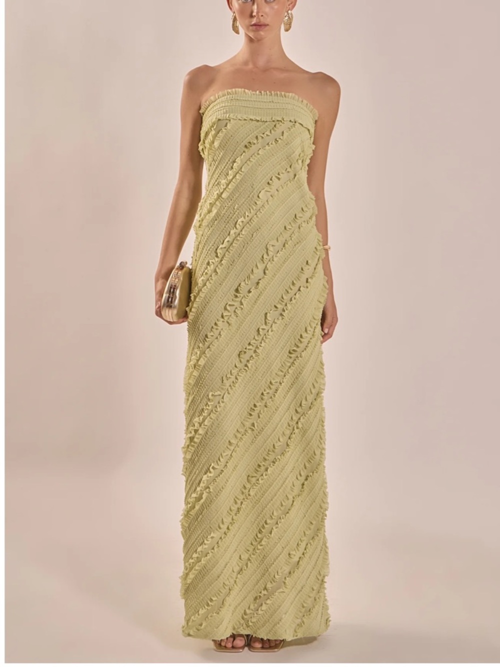 Endless Rose Strapless Ruffled Maxi Dress in Pistachio NWT